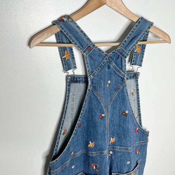 Driftwood Embroidered Denim Shortalls Womens Medium Blue Mushroom Print - Picture 10 of 12